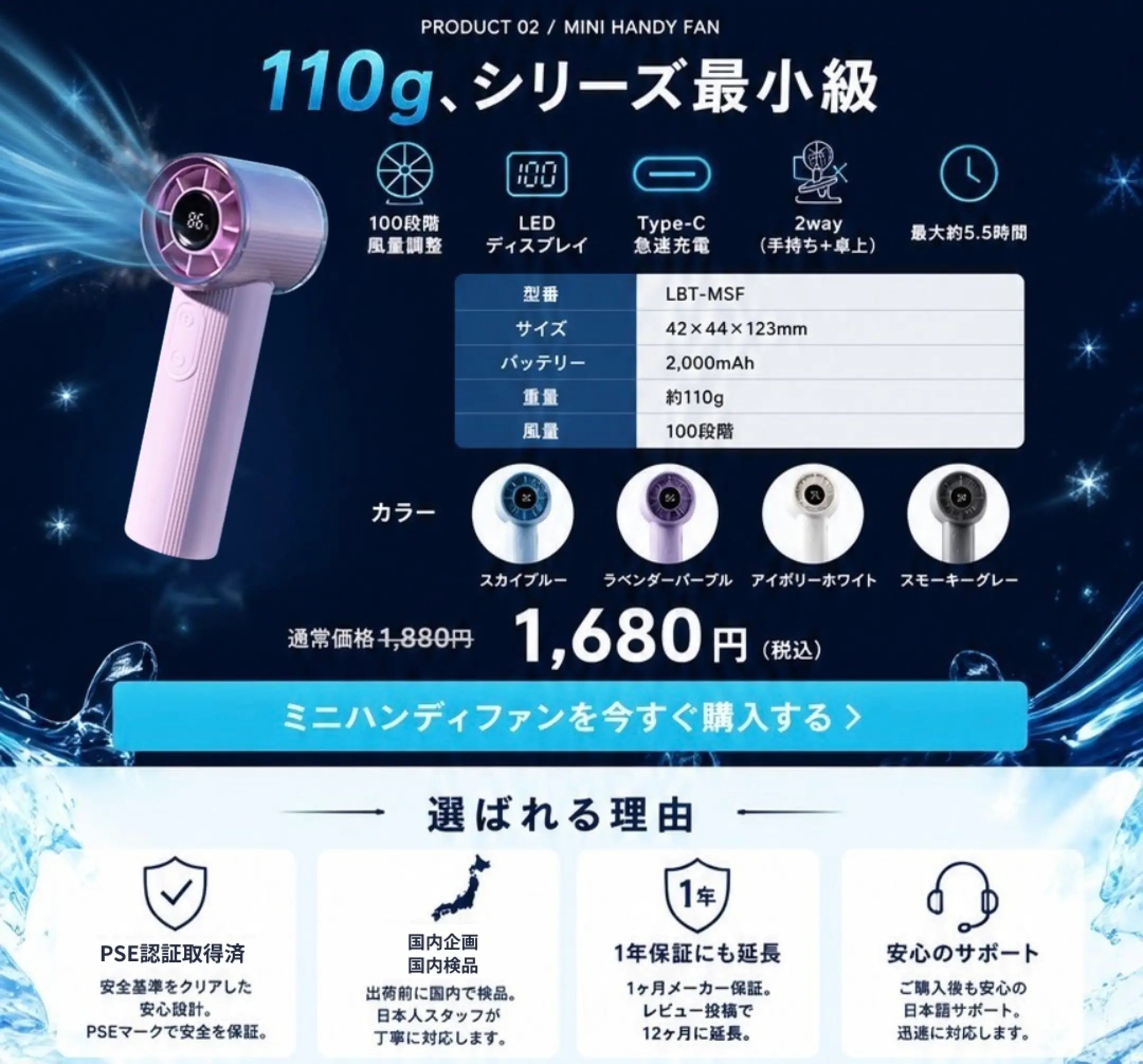 110g、シリーズ最小級「ミニハンディファン」。100段階風量調整、LEDディスプレイ、Type-C急速充電、2way(手持ち+卓上)、最大約5.5時間。型番：LBT-MSF、サイズ：42×44×123mm、バッテリー：2,000mAh、カラー：スカイブルー・ラベンダーパープル・アイボリーホワイト・スモーキーグレー。通常価格1,880円が1,680円(税込)。選ばれる理由：PSE認証取得済、国内企画・国内検品、1年保証（レビュー投稿で延長）、安心の日本語サポート。